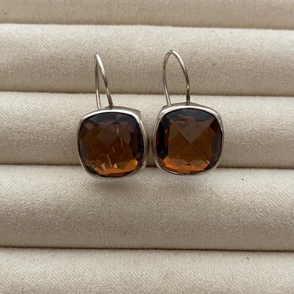 Vintage 925 Sterling Silver Amber Cushion Drop Wire Hook Earrings - Picture 10 of 12